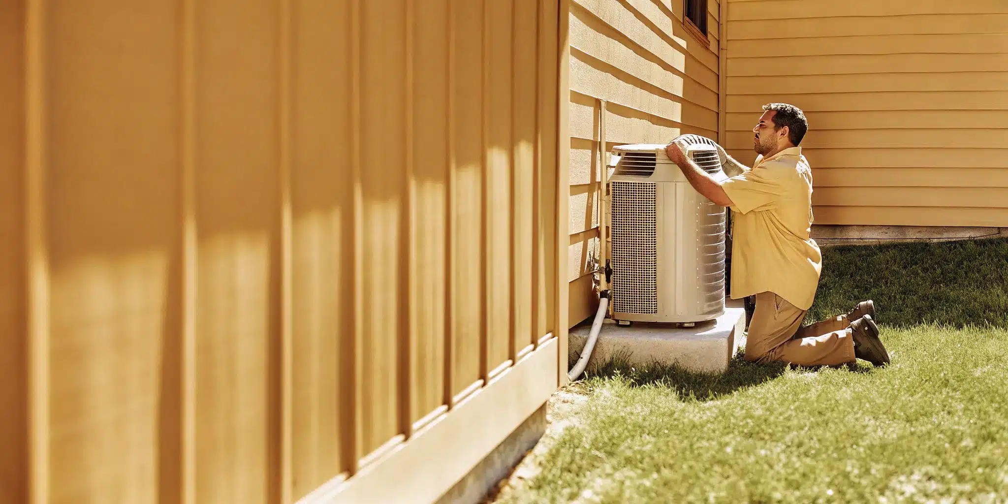 Professional HVAC technician installing an air conditioner unit outside an Indianapolis home on a sunny summer day