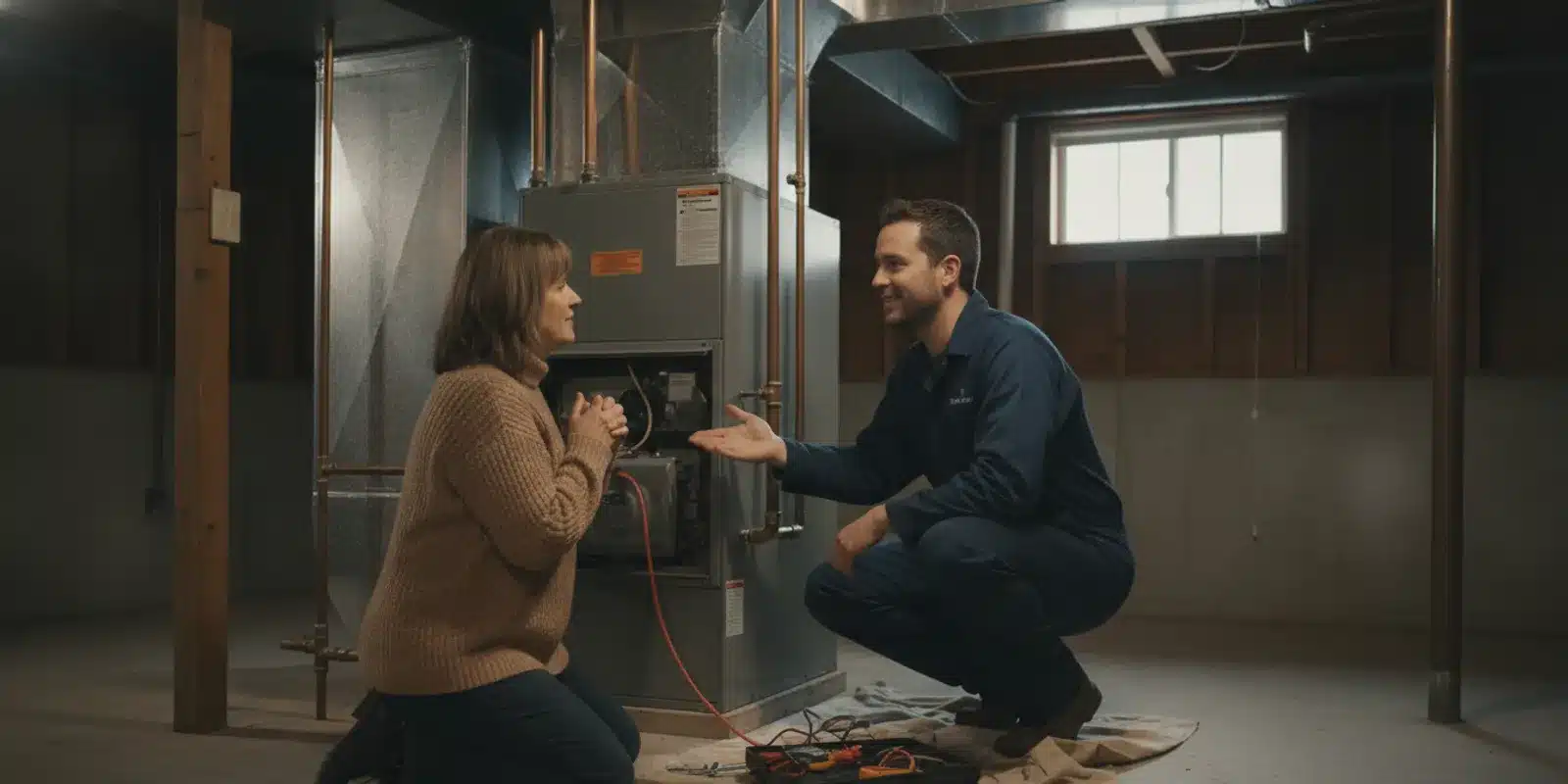 Armor Air technician reviewing a home heating system with an Indianapolis-area homeowner