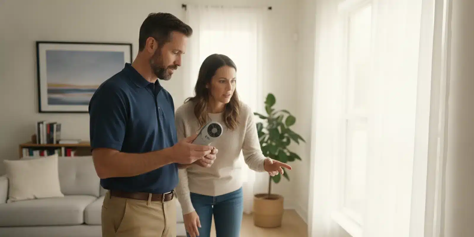 HVAC professional reviewing indoor air quality equipment in an Indianapolis home