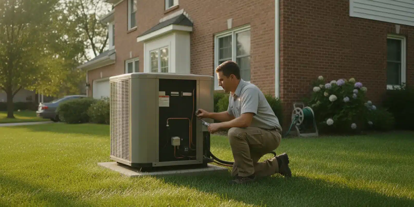 HVAC technician assessing an outdoor air conditioner at an Indianapolis-area home